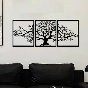 3-Piece Iron Tree of Life Wall Art Decoration, Modern Home Decor, Iron Silhouette Design, Framed Leafless Tree for Home Living Room & Office Decor, Artwork