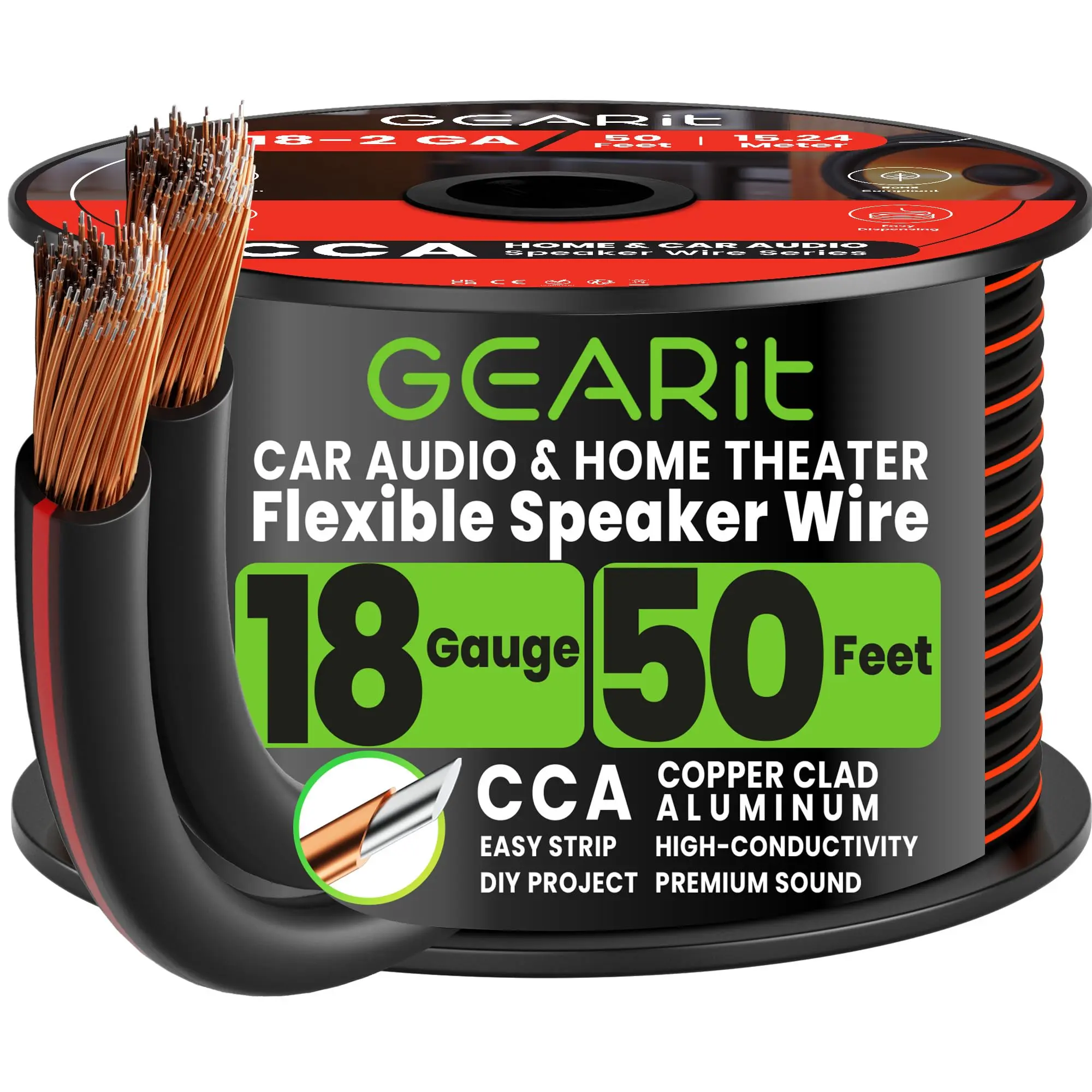 GEARit 18 Gauge Flexible CCA Speaker Wire - Copper Clad Aluminum (Advantage of CCA, Corrosion Resistant), Banana/Bent Pin Connectors Compatible, Durability Focused, Lifetime Guarantee, Custom Installations, Connect Speakers to A/V Receiver or Amplifier