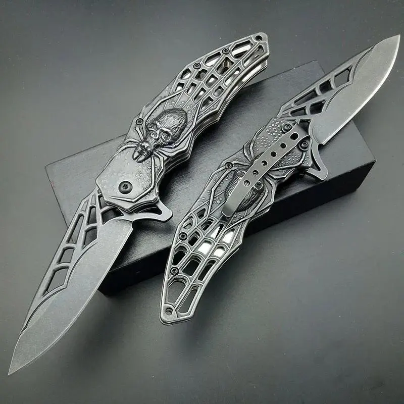 Spider Web Design Tactical Folding Knife for Adults - 3.7-Inch Stonewashed 440C Stainless Steel Blade, Camping Outdoor Survival Stainless Steel Tool, Tactical Knives, Stainless Steel Tools