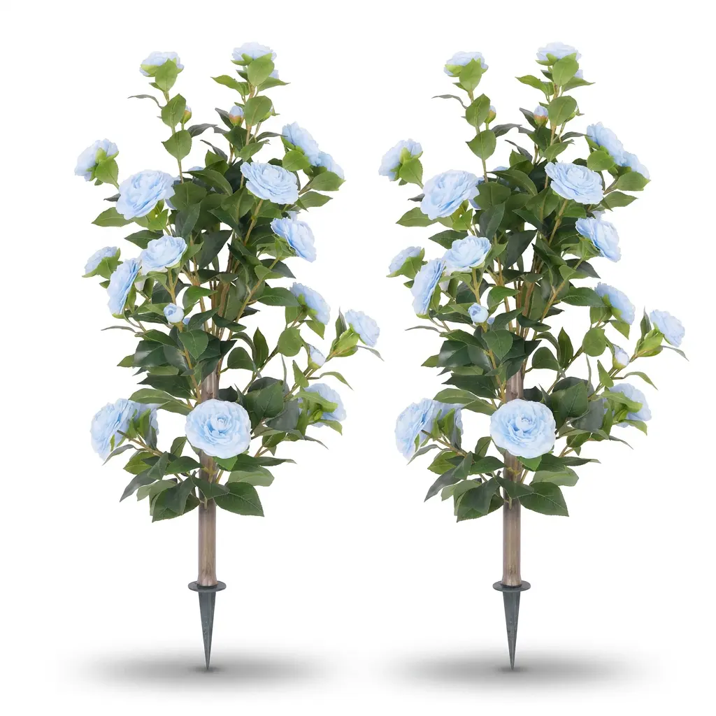 2 Pack Real Touch Artificial Camellia Flowers with Ground Spike - UV Resistant Silk Fake Flowers for Outdoor Garden, Cemetery Decoration, Window Box & Porch, 35" Tall Vibrant Faux Camellias (blue）