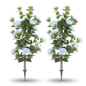 2 Pack Real Touch Artificial Camellia Flowers with Ground Spike - UV Resistant Silk Fake Flowers for Outdoor Garden, Cemetery Decoration, Window Box & Porch, 3" Tall Vibrant Faux Camellias (blue）