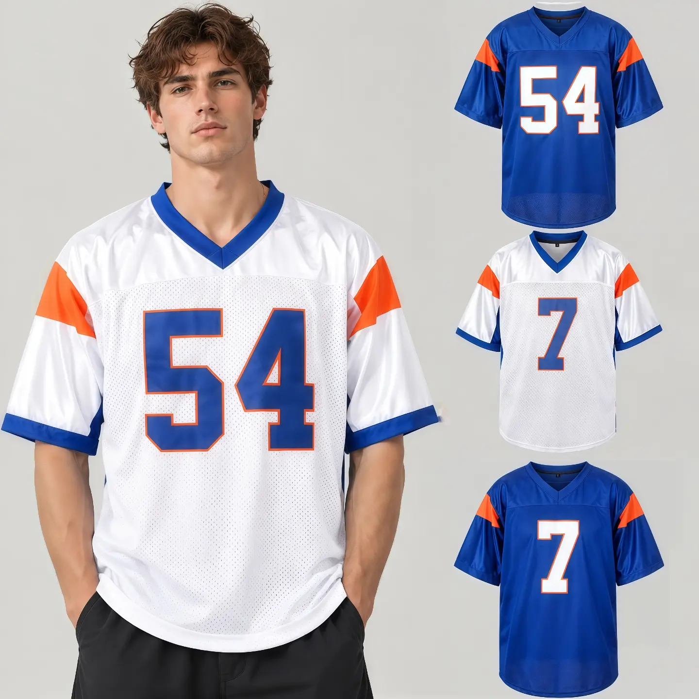Blue Mountain Men's #54 American Football Jersey - Breathable Short-Sleeve V-Neck Polyester Athletic Fit Shirt, Stitched Letters, Quick Dry, Tie-Neck Adds Sporty Style, Durable Palace Brazil Style, Football Kits, Team Wear, Holiday Gifts