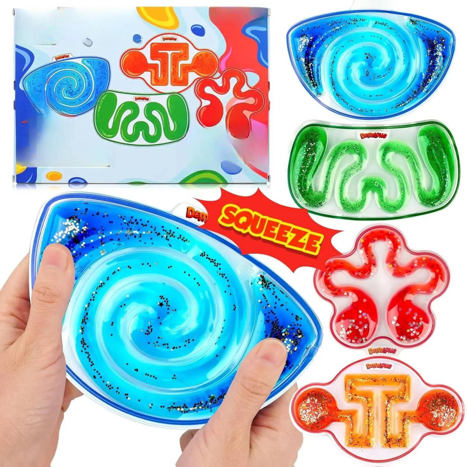 Squishy Sensory Toys for Kids - 4 Pack Fidget Toy Sensory Maze for Autism - Stress Anxiety Relief Toys for Calm Down - Squeeze Fidget Toy Filled Goo, Glitter, Easter Prizes for Kids Classroom