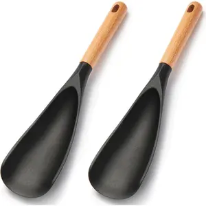 2-Pcs  Cooking Spoon for Nonstick Cookware - Wooden Handle Kitchen Spoon for Mixing, Flipping, Scraping & Serving - Heat-Resistant Spatula for Baking, Stirring (11.4'' Black 2-Pcs)