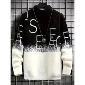 Long Sleeve Men's Casual Slim Fit Crew Neck Sweater, Stylish Letter Pattern Warm Pullover Top for Fall/Winter, Outdoor Cloth