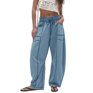 Women's Loose Wide-Leg Beige Sweatpants with Drawstring Casual Bottoms for Everyday Wear Minimalist Womenswear Bohemian Trousers Fit Style Light Blue