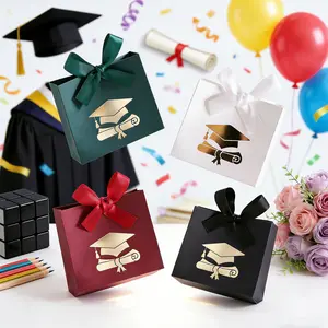 10/20PCS Mini Graduation Gift Boxes -  Gold Foil Graduation Cap & Diploma Pattern, Satin Ribbon Bow - Suitable For Graduation Party, Ceremony Souvenirs, Small Candy Packaging For DIY