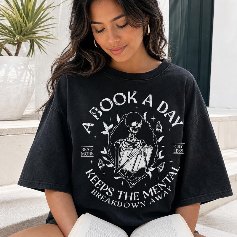 Gothic Dark Academia Graphic Tee Women Soft Washed Cotton A Book A Day Skeleton Mental Breakdown Shirt S-5XL