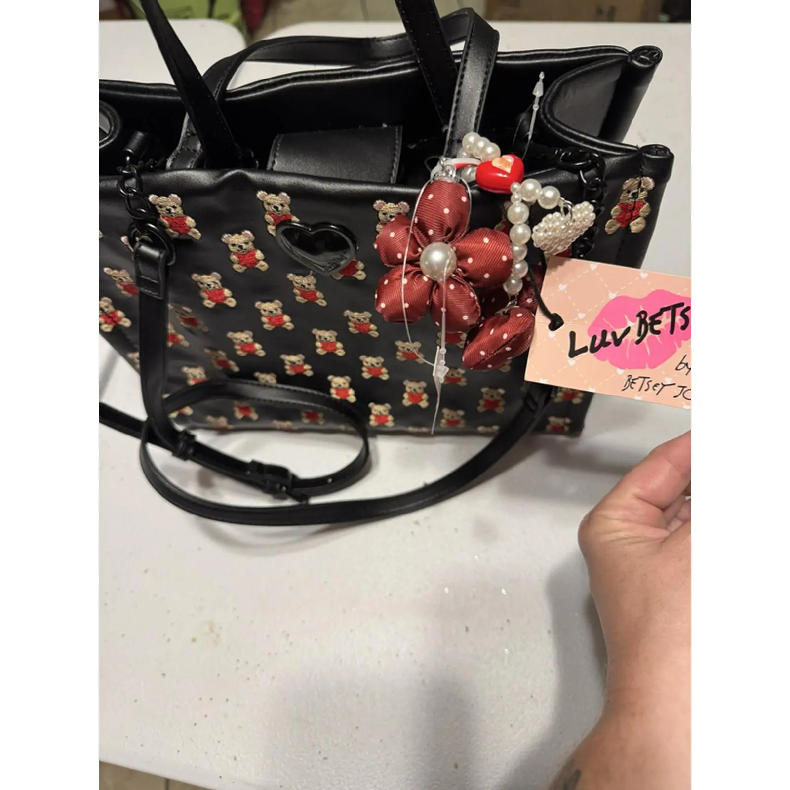 Luv Bets by Betz of Texas Black Tote Bag with Bear Pattern and Red Floral Accent