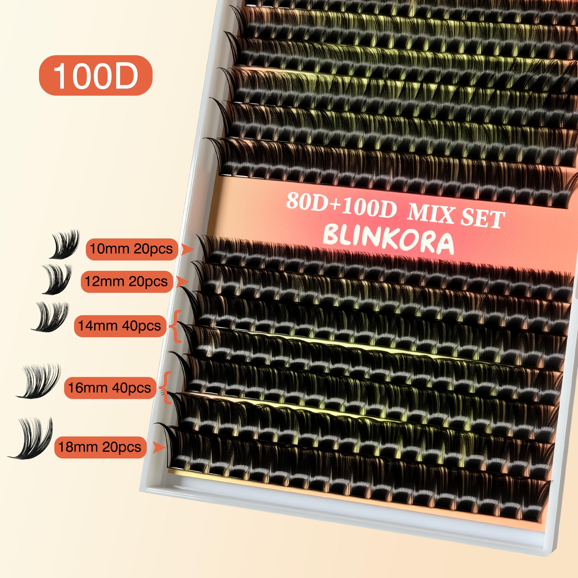 Blinkora 80D100D Lash Cluster Hybrid Kit, Wispy Fluffy Volume 10-18mm D Curl Cluster Lashes Extensions for Dramatic Soft Look, Beginner-Friendly DIY-at-Home with Waterproof Long-lasting Glue, Remover & Applicator, Think Band Super Lightweight Clusters
