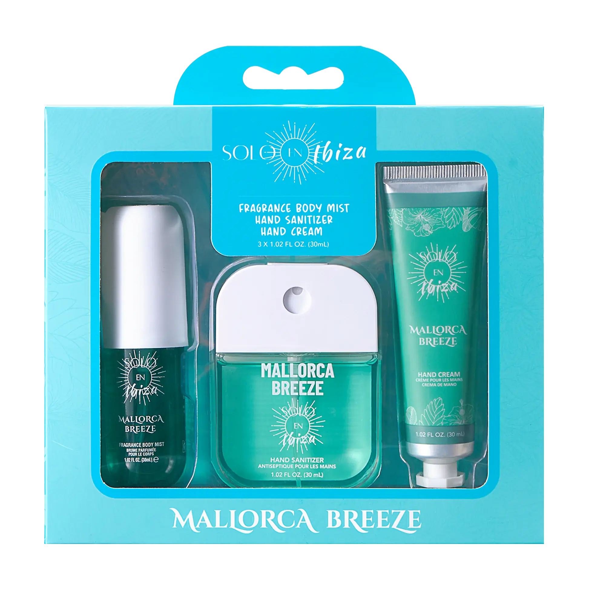 SOLO EN IBIZA 3-Piece Hand & Body Care Gift Set, Mallorca Breeze Scent with Lychee & Vanilla Notes - Travel Size Mist, Shea Butter Cream & Anti-Bacterial Sanitizer, Cosmetic, Orchid, Floral, Fruit, Fragrance, Coconut, Scented, Aroma, Multi-Pack, Mist/Crea