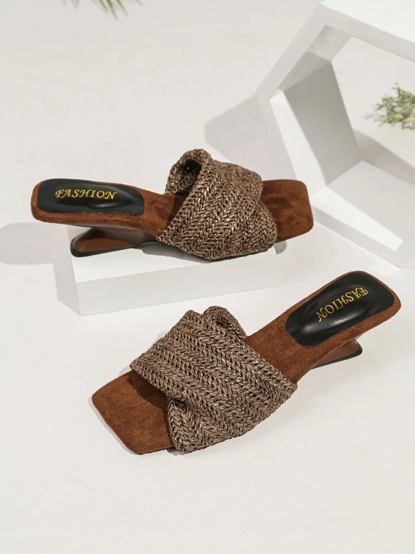 Natural Raffia Weave High Heel Sandals, Braided Heel Sandals, Cross-Tied Asymmetrical Heel, Square Toe Slip-On Design, Summer Beach Resort Casual Footwear, Elegant, Classy Elevated Sandals, Boho Casual Sandals
