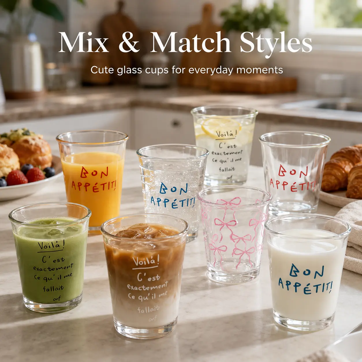1/2/3pcs Leakproof Durable Clear Glass Drinking Cup Set, Cute Letter Print Glassware for Coffee, Iced Soda & Drinks, Stylish Home Office Drinkware, Glassware Set