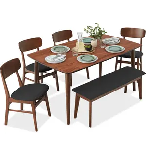 Best Choice Products 6-Piece Mid-Century Modern Upholstered Wooden Dining Set w/ 4 Chairs, Bench