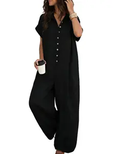 Boho Style Daisy Print Romper, Summer Beach Vacation Sun Protection Sleeveless Top, Lazy Look Lightweight Linen Wide Leg Pants Set for Women, Overalls