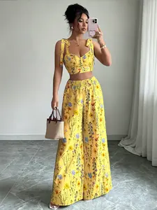 Womens Summer 2 Piece Floral Set, Sage Green Tie Shoulder Sweetheart Neck Crop Top and Elastic Waist Wide Leg Pants, Chic Casual Beach Vacation Outfit