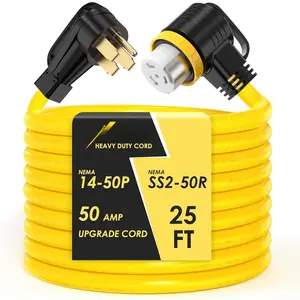 25  50 Amp RV/Generator Cord,  Copper Wire, NEMA 14-50P to SS2-50R Twist Lock, Newly Designed 90?Grip Handle, 6/8/1 Gauge STW Wire