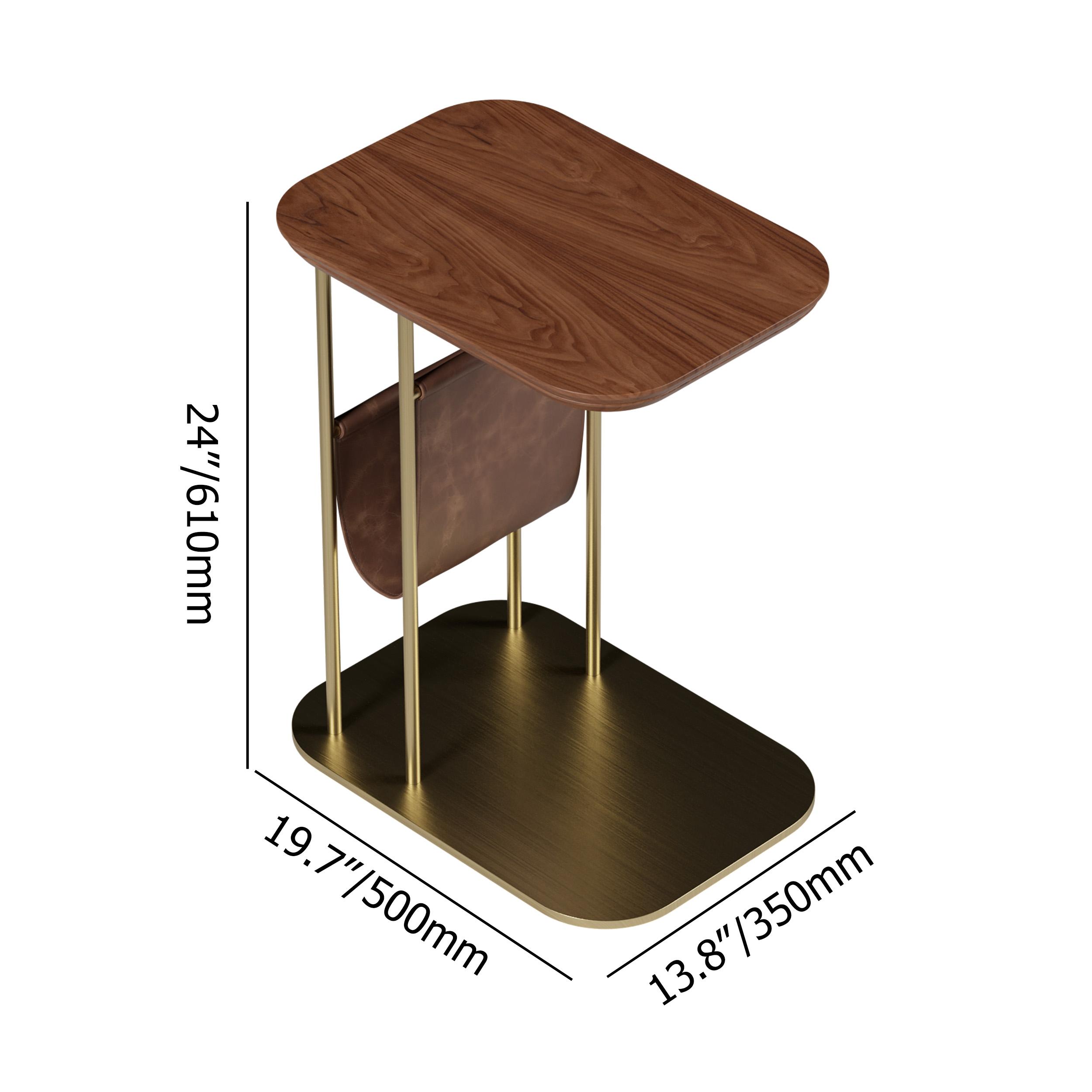 Homary C-Shaped Side Table, 360° Rotating End Table with Storage, Walnut & Gold Sofa Table with Magazine Rack, Space-Saving Table for Living Room & Bedroom (Walnut)