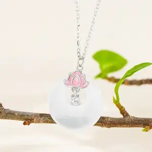 Pure Silver Pink Lotus White Jade Marrow Safety Buckle Necklace Women's Niche Collarbone Chain New Chinese Versatile