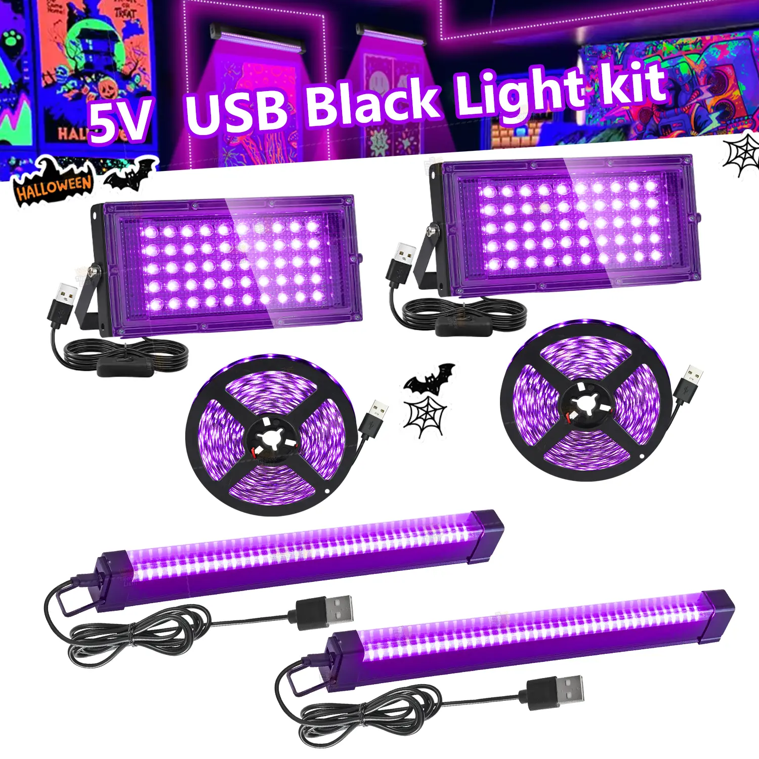 OYCIJE [UV Black Light Set] 50 LEDs UV Black Light And 40 LEDs Blacklight bar And 2.5m 60LEDs/M Black Strip Light, Suitable for Different Space Sizes Of Glowing Parties, for Halloween Party, Glow In The Dark, Stage Lighting, Body Paint, Fluorescent Poster