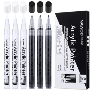 [ Back to School ] NAWOD Paint Pens White Black Acrylic Marker 6 Pack, Acrylic Permanent Marker, White Paint Pens for Rock Ceramic Wooden Leather Glass Painting Metal Tire, 0.7mm Extra Fine Point Quick Drying, Non Toxic, Non Odor