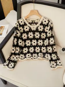 Elegant Boho Knit Embroidered Hollow Out Top, Long Sleeve Round Neck Pullover, Spring & Fall Fitted Casual Sweater for Women