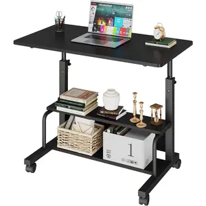 31.5in Long Portable Podium Stand, Height Adjustable Mobile Lectern Desk with Locking Wheels, Rolling Presentation Table for Classroom Office, 2-Tier Storage, Rust Brown/Black/White