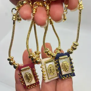 14k Gold Plated Handmade Guadalupe Escapulario Necklace in Red & Blue Colors with Beaded Chains Double Cross Pendant