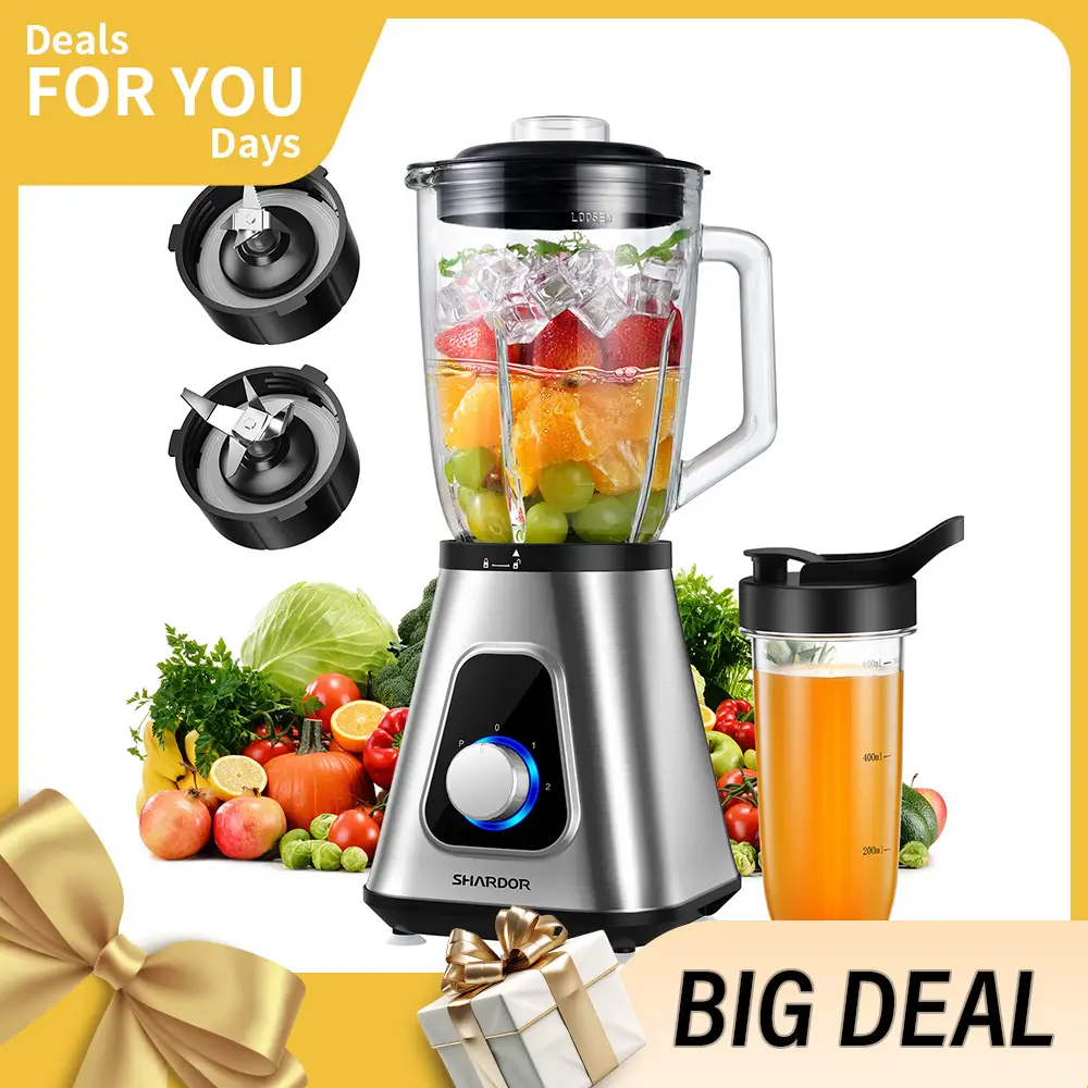 SHARDOR 1200W Blender Smoothie Maker, Countertop Blender 52oz Glass Jar, 22oz Travel Cup, 3 Adjustable Speeds for Frozen Fruit Drinks, Smoothies, Sauc