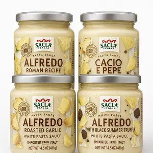 Sacla White Italian Pasta Sauce Discovery Kit | Includes 4 Full Sized Jars | Classic Roman Alfredo, Roasted Garlic Alfredo, Black Truffle Alfredo & Cacio e Pepe Sauce | Authentic Sauce Kit Imported from Italy