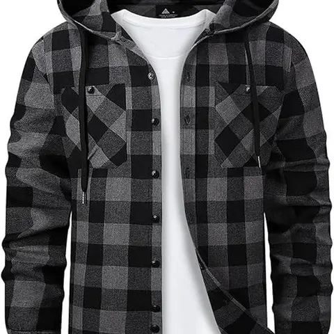 Men's Hooded Flannel Shirt - Basic Chic Stylish Street Style Men's Clothing Layer, Lightweight Long-Sleeve Plaid Button-Down with Pocket & Hem, Casual Outdoors Top