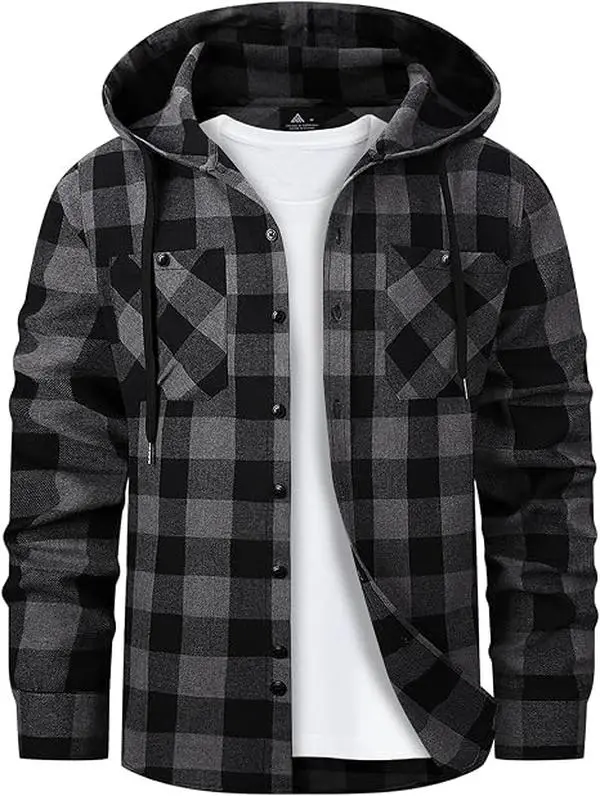 Mens Hooded Flannel Shirts Hoodie Shirt Lightweight Long Sleeve Casual Plaid Button Down Jackets Stylish with Pocket