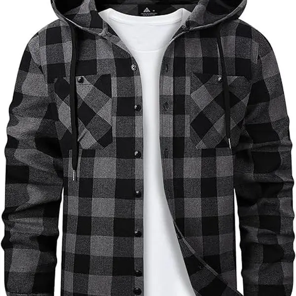 Men's Hooded Flannel Shirt - Basic Chic Stylish Street Style Men's Clothing Layer, Lightweight Long-Sleeve Plaid Button-Down with Pocket & Hem, Casual Outdoors Top