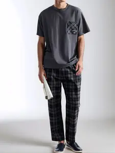 Men's Striped Print Pajama Set Loungewear, Casual Comfy Short Sleeve Pocket Tee & Pants, Men's Sleepwear for All Seasons