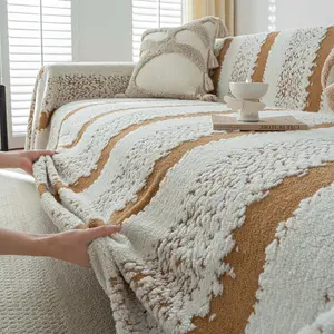 1 Pc Boho Tufted Chenille Sofa Cushion Cover, Soft Striped Couch Throw Blanket, Non Slip Washable Sofa Protector Pad, Pet Friendly Scratch Resistant Sofa Towel Decor for Loveseat, Sectional & 2/3/4 Seater Sofas, Modern Living Room, Sofa Couch Covers