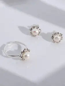 Freshwater Pearl Ring + Earrings Set, Sunflower Design, Size 5-6mm, Flat Round Shape, Slight Imperfections, Elegant Jewelry Gift