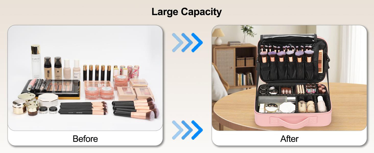 Travel Makeup Bag Cosmetic Bag Adjustable Dividers, Professional Cosmetic Artist Organizer,Makeup Organizer Bag Waterproof,Perfect Mother Gift For Friend& Family.