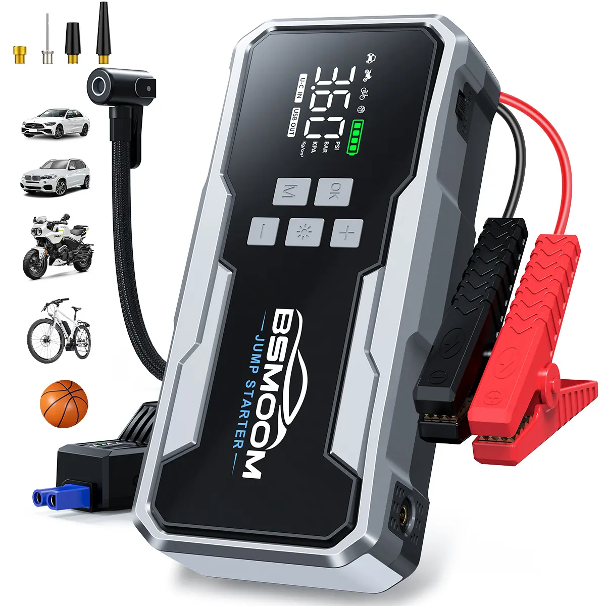 BSMOOM Portable Car Jump Starter 7000A (ALL Gas, 10.0L Diesel)with Air Compressor, 150PSl Tire Inflator, 12V BatteryCharger Jumper Box with LCD Display Car Battery Jump Starter multi-functional auto