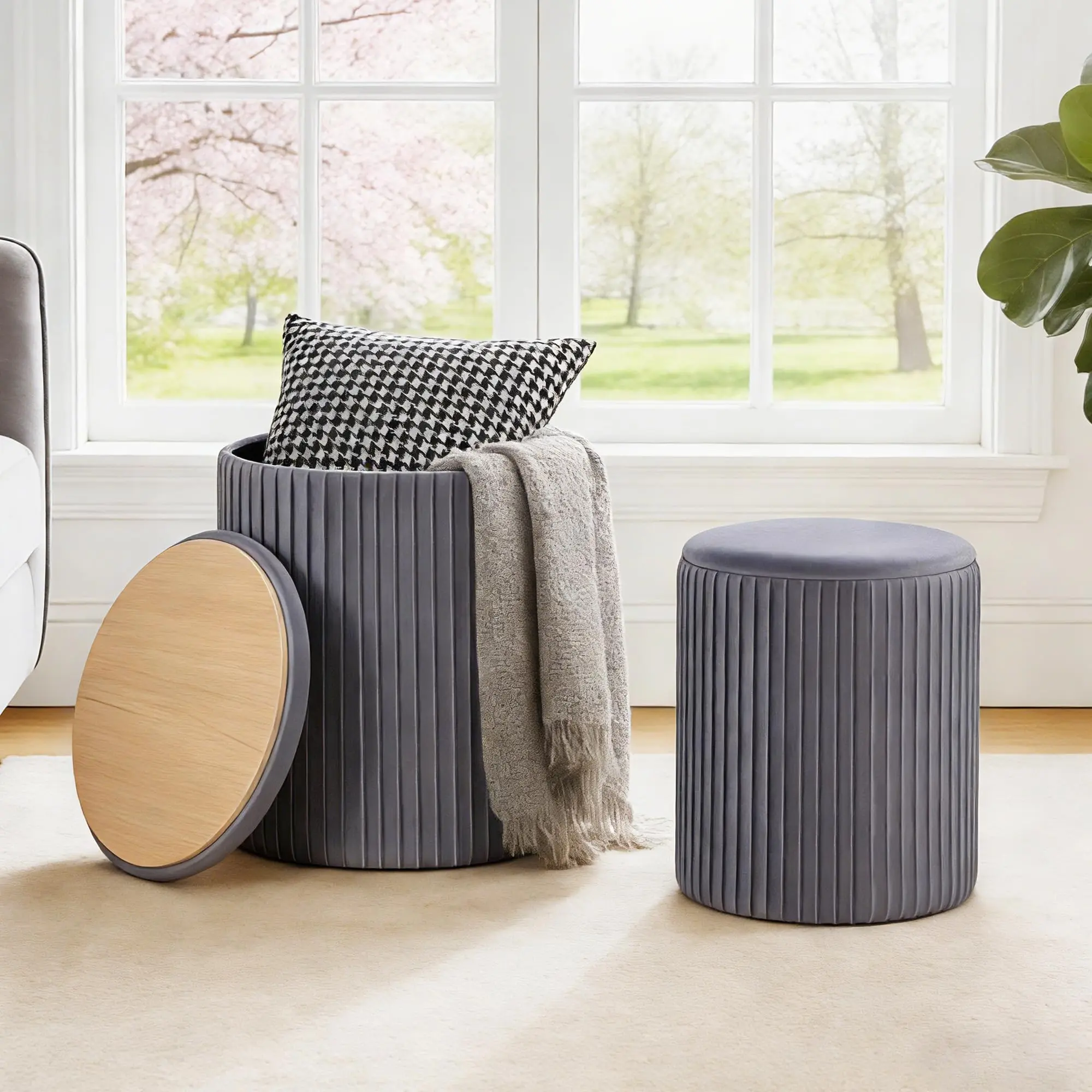 Two-Piece Round Storage Ottoman Set, Plush Velvet Dressing Stool with Hidden Storage and Multi-Functional Coffee Table Use, Stackable Design for Living Room, Bedroom, Entryway, and Small Apartment Organization anti-slip foot