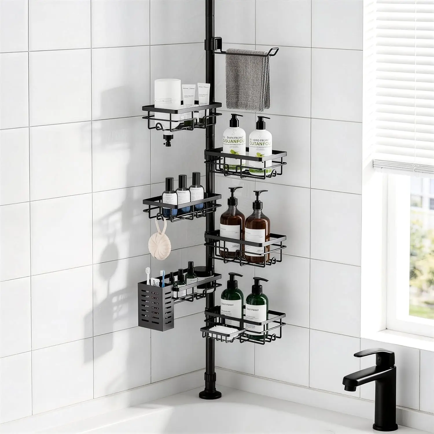 FEELSO Rustproof Tension Pole Shower Caddy Organizer, 6-Pack Corner Shelf with 30-120in Adjustable Rack, Extra Towel Bar & Soap Dish for Bathroom Storage, Black