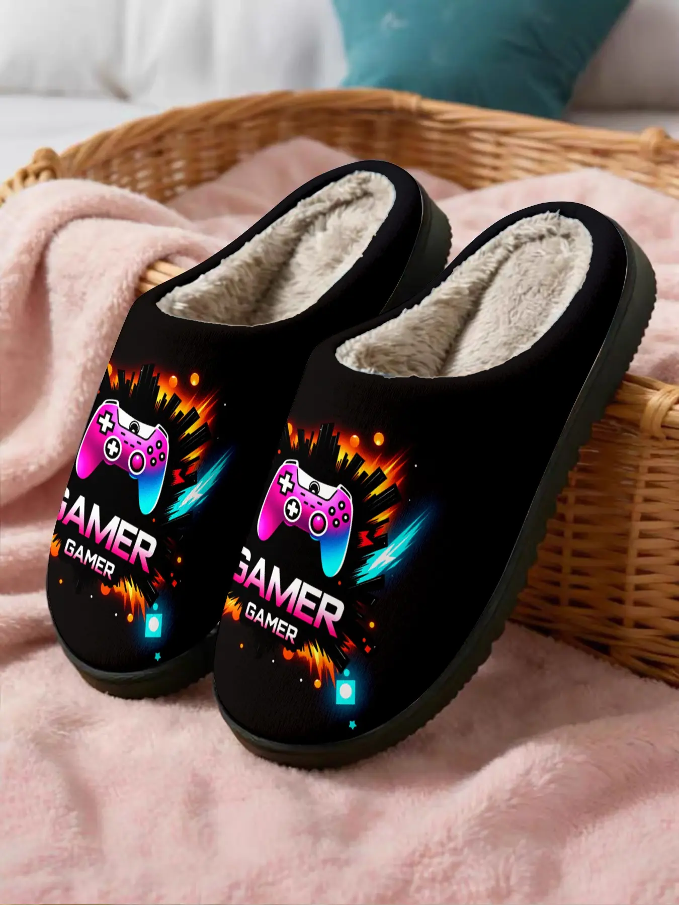 🔥 Cool Gamer Vibes · Neon Game Controller GAMER Print · 1 Pair · Warm Thick Non-Slip Quiet · Winter Indoor Slippers · Gamers / Home Lovers / Couples