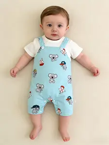 Cute Koala Cartoon Print Short Sleeve Romper, Baby Boy Clothes Summer Thin, Soft Polyester Blend, Perfect for Outdoor Use, Baby Clothing