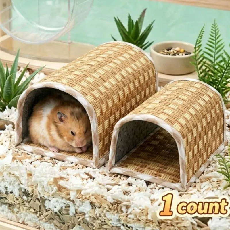 1pc Natural Grass Mat Hamster Bed, Summer Cooling Nest with Hideout Design, Hamster Tunnel Small Pet Hiding Place; Sleeping Mat Scratch-Resistant Grinding Bed for Syrian Hamsters & Small Pets, Heat Relief Accessory, Hamster Cage Accessories