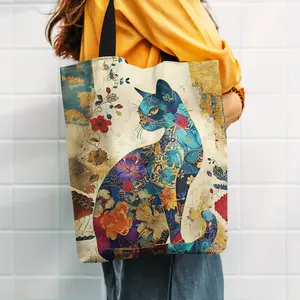 Cat pattern handbag, aesthetic canvas school shoulder bag, lightweight shopping bag