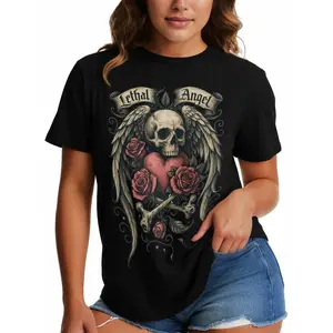 Lethal Angel Skull Wing Heart Roses Graphic T-Shirt - Edgy Grunge Tattoo Style Tee for Alternative Fashion Lovers, Unique TShirt for Him Or Her, Perfect Gift T Shirt for Birthdays