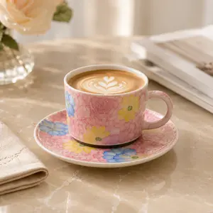 Hand Painted Ceramic Beverage Cup with Saucer - 3D Glazed Stoneware Cute Cups for Latte, Cappuccino, Unique Kitchenware Drinkware Gift