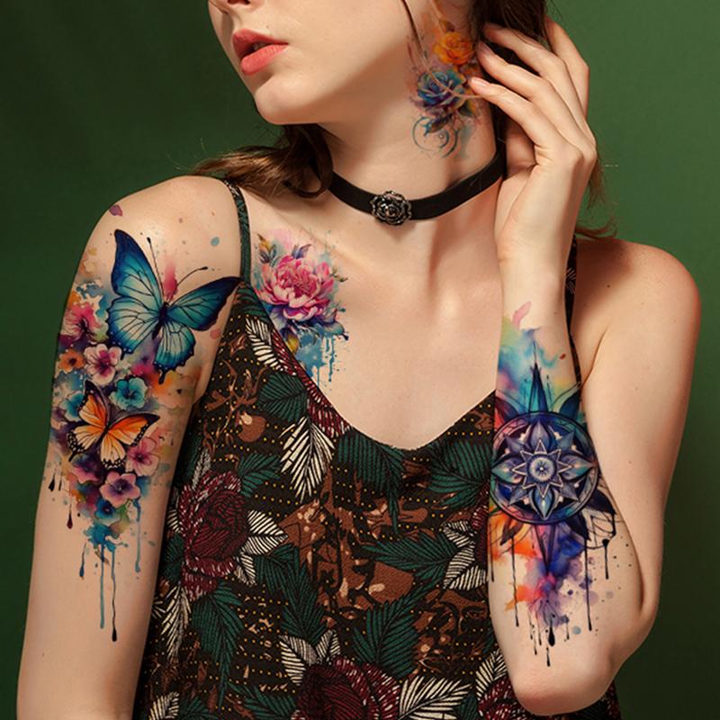 52 Watercolor Temporary Tattoos for Women Adults Realistic 3D Floral Butterfly Phoenix Mandala Fake Tattoos Set Waterproof Long Lasting Body Sticker for Parties Weddings 12 Large Tattoos Included Durable