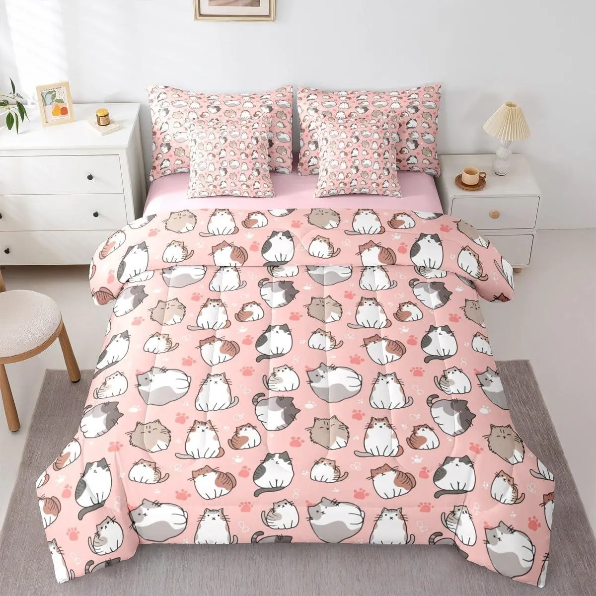 Kawaii Cat 7 Piece Comforter Set,Bed in a Bag,Kids Girls Cartoon Cat Bedding Set,Cute Pet Animals Duvet Set,Cat Paw Print Love Heart Down Comforter,Colorful Cat Sheets,Pink