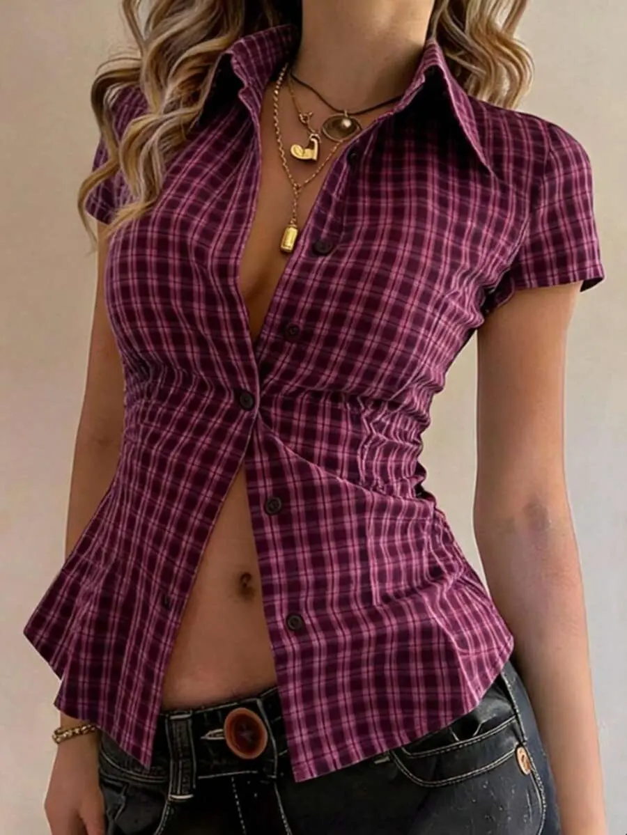 Light Yellow Fine Plaid Collared Short Sleeve Shirt