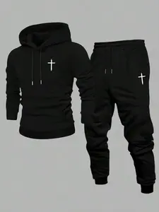 TikTok Trending Christian Streetwear Set, Black Long Fitted Hoodie & Pants with Cross Graphic Print, Perfect for Black Friday & Cyber Monday Deals, Ideal for Faith - Based Outfits During TikTok Shop Black Friday Sales and Christmas Gift Ideas